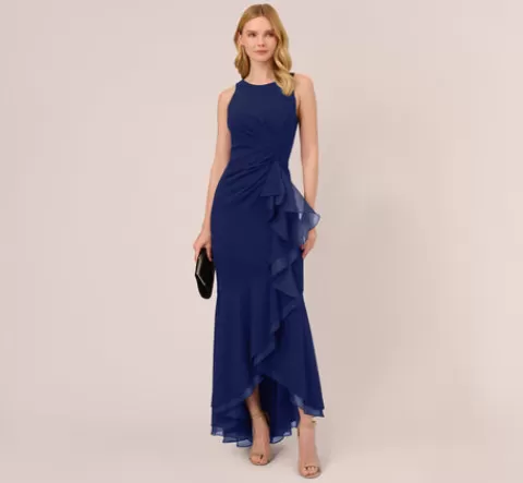 Adrianna Papell High Low Crepe Halter Gown With Organza Draping In Navy Sateen NAVYSATEEN Clearance