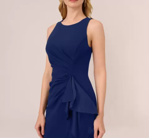 Adrianna Papell High Low Crepe Halter Gown With Organza Draping In Navy Sateen NAVYSATEEN Clearance