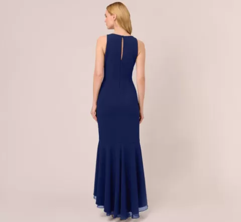 Adrianna Papell High Low Crepe Halter Gown With Organza Draping In Navy Sateen NAVYSATEEN Clearance