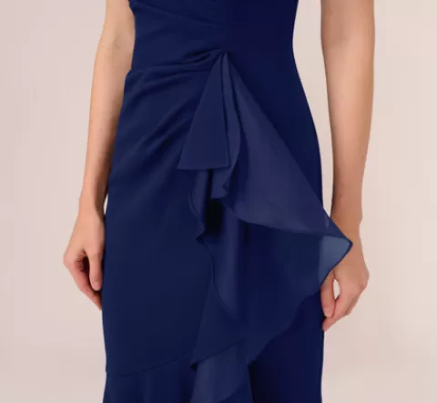 Adrianna Papell High Low Crepe Halter Gown With Organza Draping In Navy Sateen NAVYSATEEN Clearance