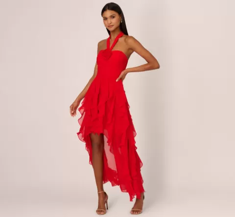 Adrianna Papell High Low Halter Dress With 3D Floral Accent In Red Desire REDDESIRE Online
