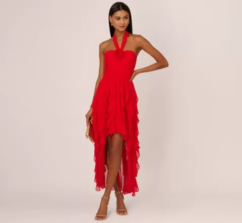 Adrianna Papell High Low Halter Dress With 3D Floral Accent In Red Desire REDDESIRE Online