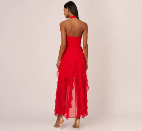 Adrianna Papell High Low Halter Dress With 3D Floral Accent In Red Desire REDDESIRE Online