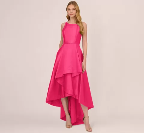 Adrianna Papell High Low Mikado Gown With Asymmetrical Detail In Electric Pink ELECTRICPINK Flash Sale
