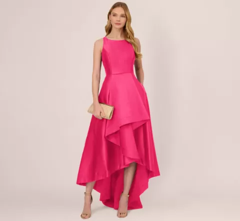 Adrianna Papell High Low Mikado Gown With Asymmetrical Detail In Electric Pink ELECTRICPINK Flash Sale