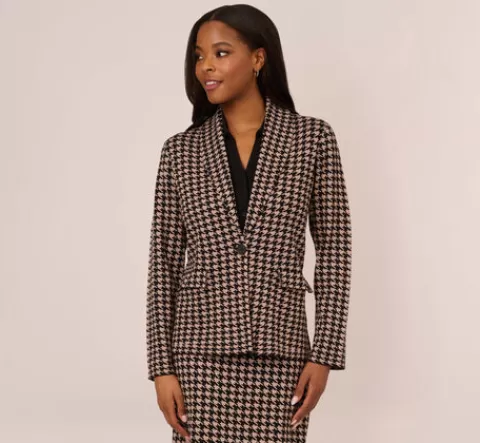Adrianna Papell Houndstooth Blazer With Shawl Collar In Dusty Camel Soft Houndstooth DUSTYCAMELSOFTHOUNDSTOOTH Hot