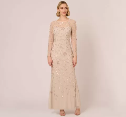 Adrianna Papell Illusion Floral Beaded Gown With Sheer Long Sleeves In LATTE Cheap