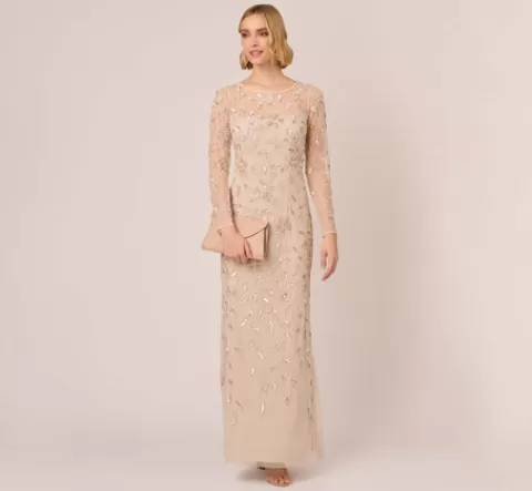 Adrianna Papell Illusion Floral Beaded Gown With Sheer Long Sleeves In LATTE Cheap