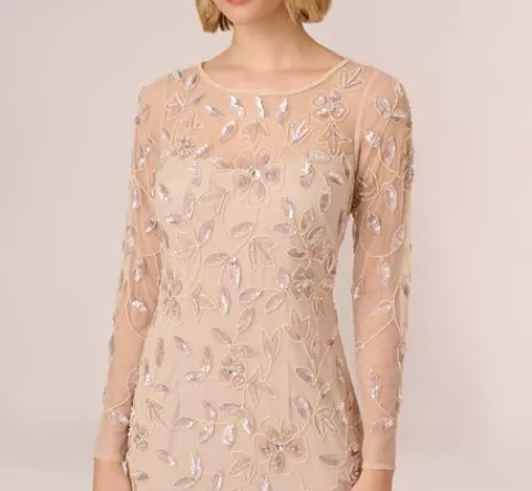Adrianna Papell Illusion Floral Beaded Gown With Sheer Long Sleeves In LATTE Cheap