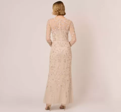 Adrianna Papell Illusion Floral Beaded Gown With Sheer Long Sleeves In LATTE Cheap