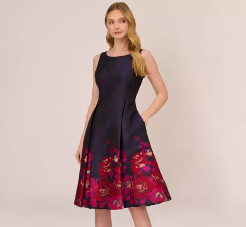 Adrianna Papell Jacquard Midi Dress With Metallic Floral Trim In Navy Pink Multi NAVY-PINKMULTI New