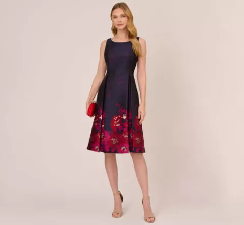 Adrianna Papell Jacquard Midi Dress With Metallic Floral Trim In Navy Pink Multi NAVY-PINKMULTI New