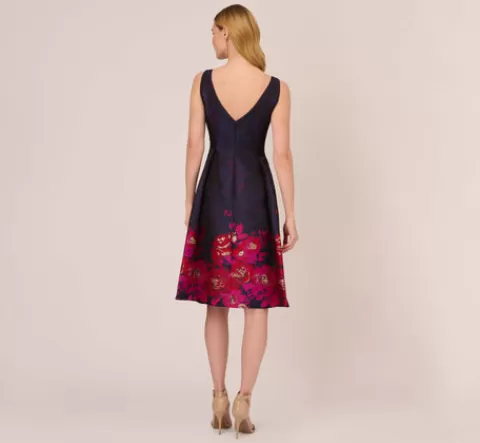 Adrianna Papell Jacquard Midi Dress With Metallic Floral Trim In Navy Pink Multi NAVY-PINKMULTI New