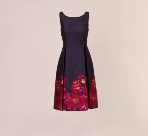 Adrianna Papell Jacquard Midi Dress With Metallic Floral Trim In Navy Pink Multi NAVY-PINKMULTI New