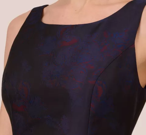 Adrianna Papell Jacquard Midi Dress With Metallic Floral Trim In Navy Pink Multi NAVY-PINKMULTI New