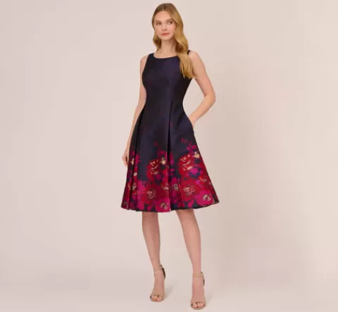 Adrianna Papell Jacquard Midi Dress With Metallic Floral Trim In Navy Pink Multi NAVY-PINKMULTI New