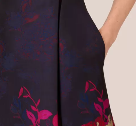 Adrianna Papell Jacquard Midi Dress With Metallic Floral Trim In Navy Pink Multi NAVY-PINKMULTI New