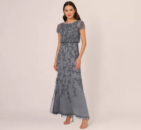 Adrianna Papell Jasmine Beaded Blouson Gown With Sheer Short Sleeves In Dusty Blue DUSTYBLUE Best