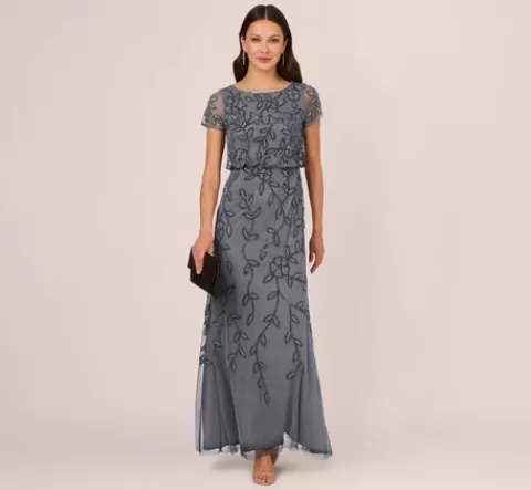 Adrianna Papell Jasmine Beaded Blouson Gown With Sheer Short Sleeves In Dusty Blue DUSTYBLUE Best