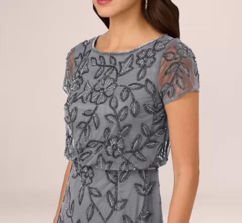 Adrianna Papell Jasmine Beaded Blouson Gown With Sheer Short Sleeves In Dusty Blue DUSTYBLUE Best