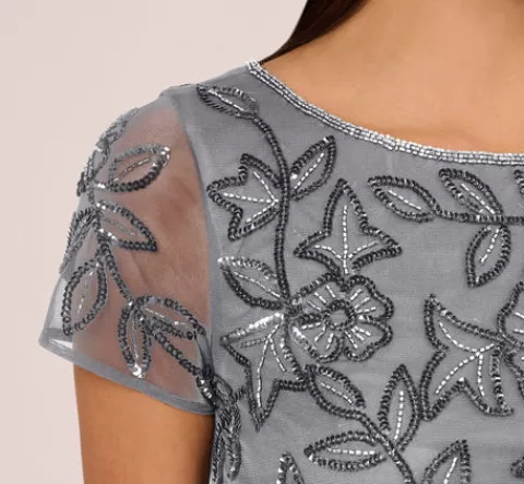 Adrianna Papell Jasmine Beaded Blouson Gown With Sheer Short Sleeves In Dusty Blue DUSTYBLUE Best