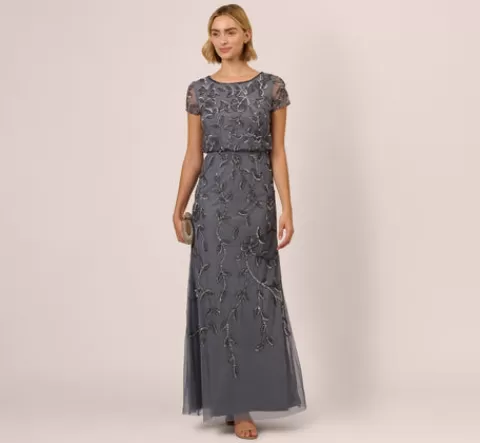Adrianna Papell Jasmine Beaded Blouson Gown With Sheer Short Sleeves In Dusty Blue DUSTYBLUE Best