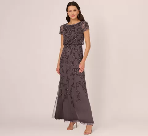 Adrianna Papell Jasmine Beaded Blouson Gown With Sheer Short Sleeves In MOONSCAPE Online