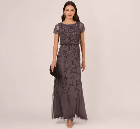 Adrianna Papell Jasmine Beaded Blouson Gown With Sheer Short Sleeves In MOONSCAPE Online