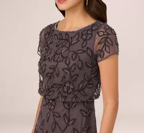 Adrianna Papell Jasmine Beaded Blouson Gown With Sheer Short Sleeves In MOONSCAPE Online