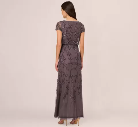 Adrianna Papell Jasmine Beaded Blouson Gown With Sheer Short Sleeves In MOONSCAPE Online