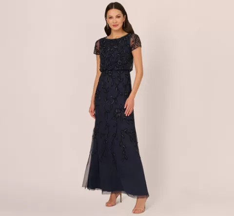 Adrianna Papell Jasmine Beaded Blouson Gown With Sheer Short Sleeves In Navy Black NAVYBLACK Sale