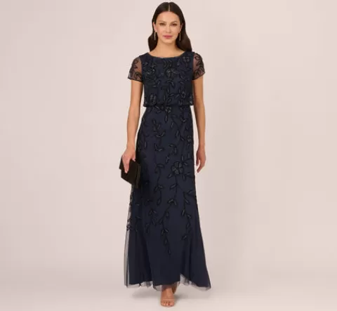 Adrianna Papell Jasmine Beaded Blouson Gown With Sheer Short Sleeves In Navy Black NAVYBLACK Sale