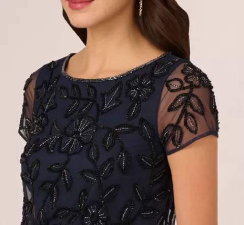 Adrianna Papell Jasmine Beaded Blouson Gown With Sheer Short Sleeves In Navy Black NAVYBLACK Sale