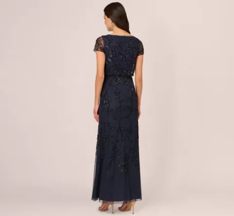Adrianna Papell Jasmine Beaded Blouson Gown With Sheer Short Sleeves In Navy Black NAVYBLACK Sale