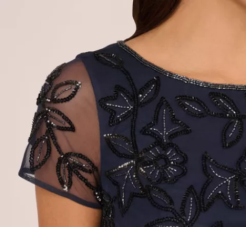 Adrianna Papell Jasmine Beaded Blouson Gown With Sheer Short Sleeves In Navy Black NAVYBLACK Sale