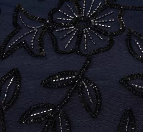 Adrianna Papell Jasmine Beaded Blouson Gown With Sheer Short Sleeves In Navy Black NAVYBLACK Sale