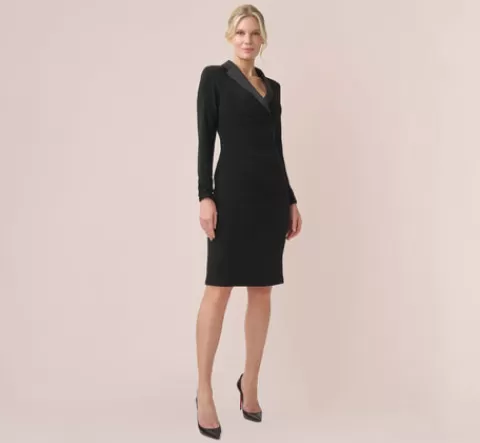 Adrianna Papell Jersey And Satin Short Sheath Tuxedo Dress In BLACK Fashion