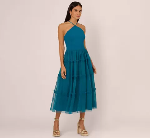 Adrianna Papell Knit And Mesh Tiered Midi Halter Dress In PEACOCK Cheap