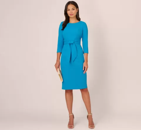 Adrianna Papell Knit Crepe Bow Sheath Dress With Three Quarter Sleeves In Blue Coast BLUECOAST Clearance