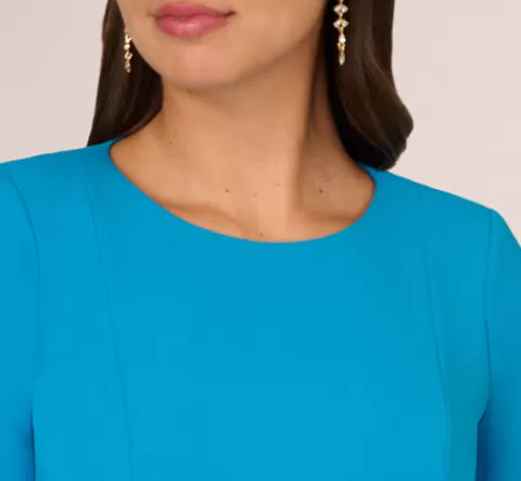 Adrianna Papell Knit Crepe Bow Sheath Dress With Three Quarter Sleeves In Blue Coast BLUECOAST Clearance