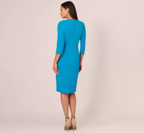 Adrianna Papell Knit Crepe Bow Sheath Dress With Three Quarter Sleeves In Blue Coast BLUECOAST Clearance
