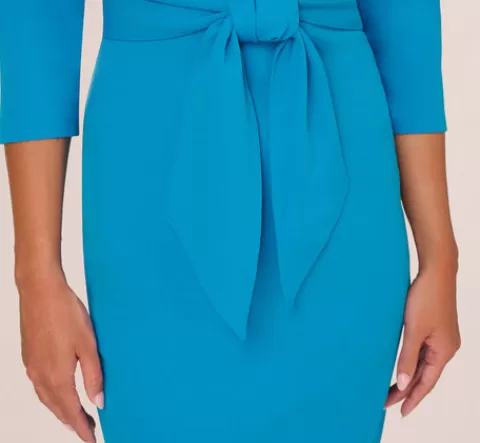 Adrianna Papell Knit Crepe Bow Sheath Dress With Three Quarter Sleeves In Blue Coast BLUECOAST Clearance