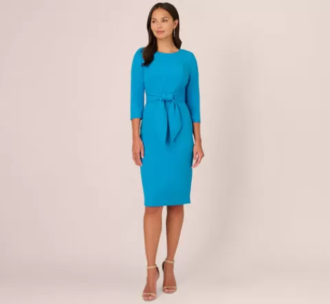 Adrianna Papell Knit Crepe Bow Sheath Dress With Three Quarter Sleeves In Blue Coast BLUECOAST Clearance