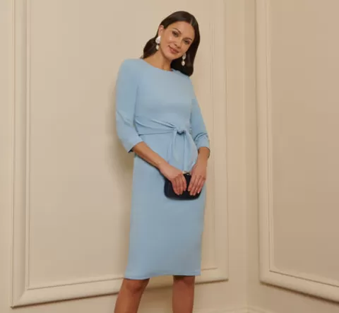 Adrianna Papell Knit Crepe Bow Sheath Dress With Three Quarter Sleeves In Blue Mist BLUEMIST Sale