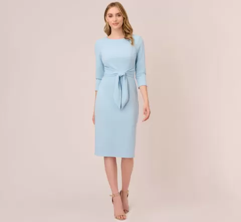 Adrianna Papell Knit Crepe Bow Sheath Dress With Three Quarter Sleeves In Blue Mist BLUEMIST Sale