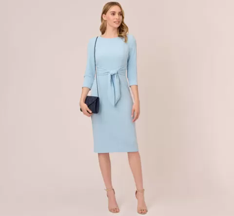 Adrianna Papell Knit Crepe Bow Sheath Dress With Three Quarter Sleeves In Blue Mist BLUEMIST Sale