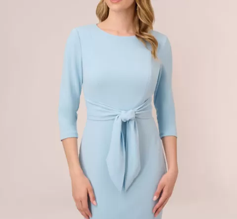 Adrianna Papell Knit Crepe Bow Sheath Dress With Three Quarter Sleeves In Blue Mist BLUEMIST Sale