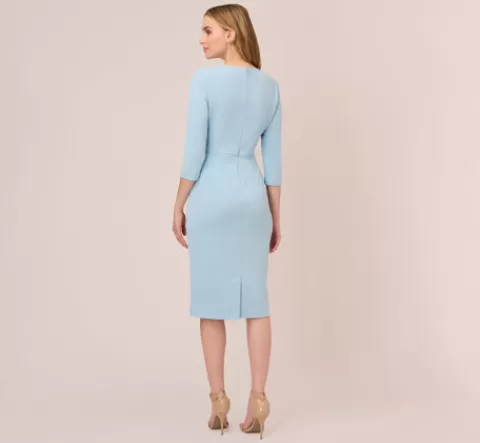 Adrianna Papell Knit Crepe Bow Sheath Dress With Three Quarter Sleeves In Blue Mist BLUEMIST Sale