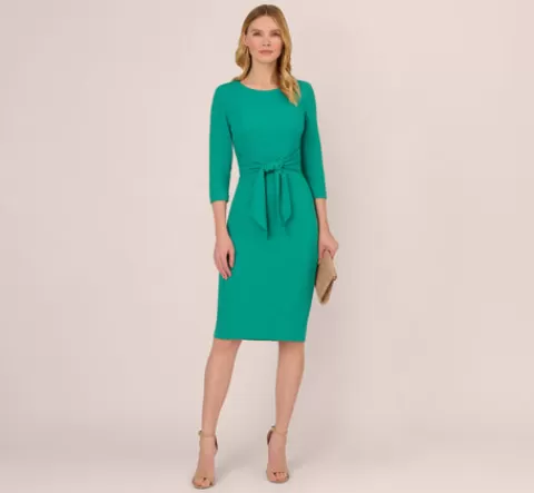 Adrianna Papell Knit Crepe Bow Sheath Dress With Three Quarter Sleeves In Botanic Green BOTANICGREEN Shop