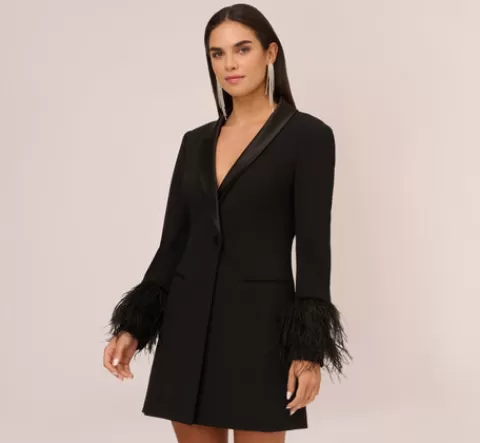Adrianna Papell Knit Crepe Long Sleeve Blazer Dress With Feather Trim In BLACK Hot